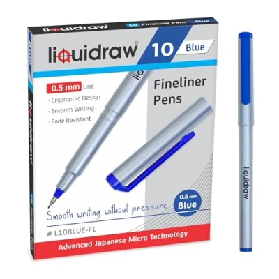 Image of Liquidraw 10 Blue Fineliner Pens Set Fine Point 0.5mm Fineliners Coloured For Artists, Architects, Technical Drawing, Handwriting, Calligraphy, Sketching, &amp; Illustrations