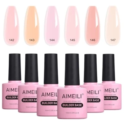 Image of AIMEILI Hema Free 8 in 1 Sheer Color Builder Nail Gel, Jelly Nude Gel Polish Set Strengthener Extension False Tips Glue a Bottle, 6pcs X 10ml Gift Kit 35
