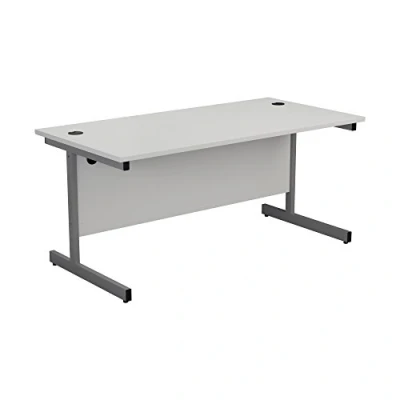 Image of Office Hippo Heavy Duty Rectangular Cantilever Desk, Home Table + Integrated Cable Ports, PC Desk For or Home, 5 Yr Wty Silver Frame/White Top, 140cm x 60cm