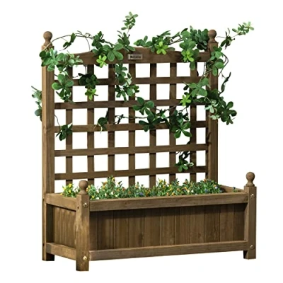 Image of Outsunny Garden Planters with Trellis for Climbing Vines, Wooden Raised Beds Garden, Free Standing Flower Pot, Indoor Outdoor Display Rack, 64 x 28 75 cm, Brown