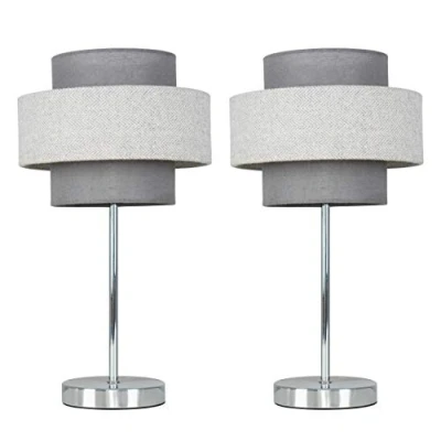 Image of Pair of Modern Polished Chrome Touch Bedside Table Lamps with a Dark Grey &amp; Light Herringbone Shade