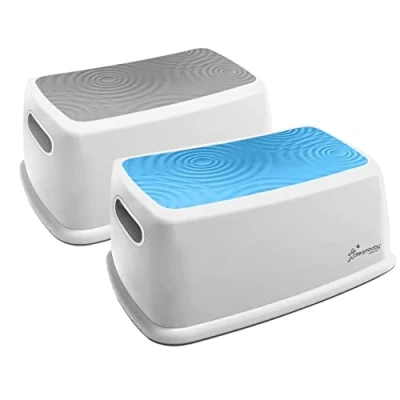 Image of Dreambaby Easy UP Premium Step Stool for Kids &amp; Adults; CAN HOLD TO 145KG; Bathroom Toilet Kitchen Independence; Anti Slip Sure Grip Ripple Textured Topper; Base Pads (Blue + Grey, 1)