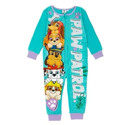 Image of Paw Patrol Girls Onesie in Blue Kids All One Sleepsuit Liberty, Skye, Chase, Marshall, Rubble Over Print PJs Cosy Nightwear Pyjama Bodysuit Pajama Loungewear Gift for Children