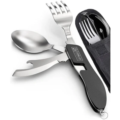 Image of Orblue 4 in 1 Camping Utensils, 2 Pack, Portable Stainless Steel Spoon, Fork, Knife &amp; Bottle Opener Combo Set Travel, Backpacking Cutlery Multitool