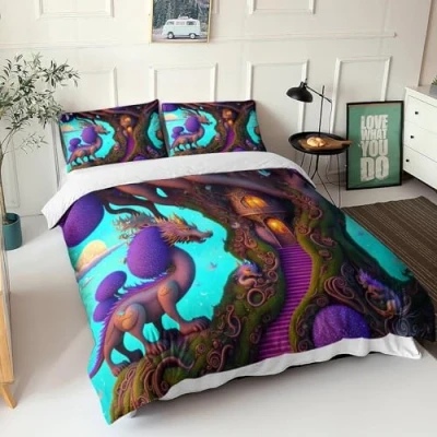 Image of GEEYOU Oriental Dragon 3D Bedding Set Duvet Cover with Pillowcases Microfiber Cartoon Comforter 3 Piece Quilt Zipper Closure for Kids Teens Adults Double（200x200cm）
