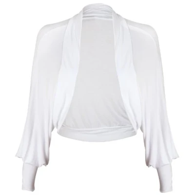Image of Womens Long Batwing Sleeve Ladies Front Open Shrug No Fastening Bolero Jersey Cropped Cardigan Top White Size 16 18 (L/XL)