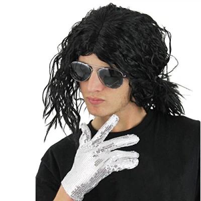 Image of Michael Jackson Adult Jacko Relaxed Wet Look Afro Wig Sunglasses Glove Set