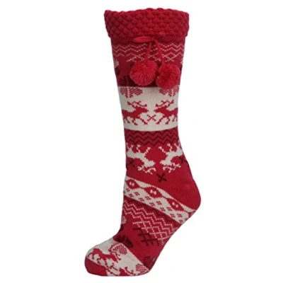Image of RJM Ladies Fleece Lined Reindeer Fairisle Stripe Slipper Socks with Grips Pink 3 5