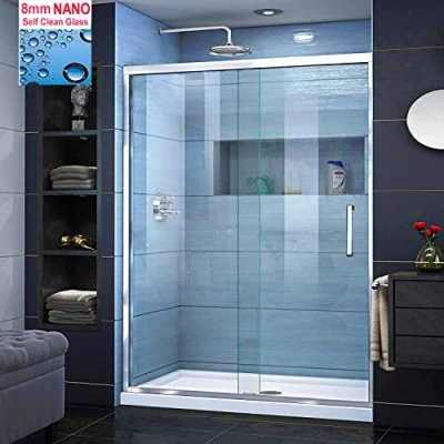 Image of ELEGANT 1600 x 800mm Sliding Shower Door Modern Bathroom 8mm Easy Clean Glass Enclosure Cubicle with Tray and Waste