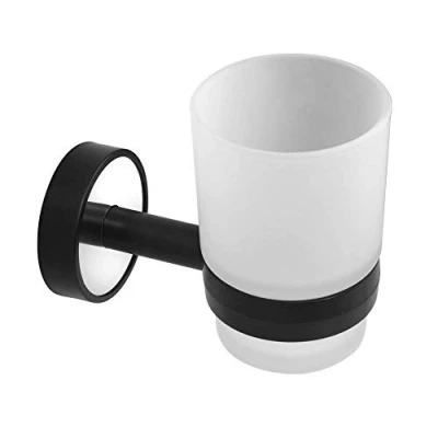 Image of Kapitan Optimo Toothbrush Holder Wall Mounted, Self Adhesive or Screw Mounting, Stainless Steel with black ABS Plastic, Frosted Glass Tumbler, Made in EU, 20 Years Warranty