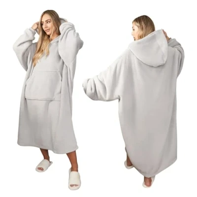 Image of Sienna Extra Long Oversized Blanket Hoodie Wearable Throw with Pockets Sleeves Soft Sherpa Fleece Giant Sweatshirt, Silver Grey