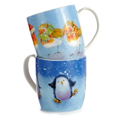Image of Puckator Jan Pashley Christmas Robin &amp; Skating Penguins 2PC Porcelain Tea Coffee Mugs Funny Home Accessories Cute Gifts for Girlfriend Large Men Women Hot Drinks Cups Presents Secret Santa Gift