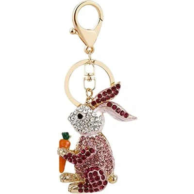 Image of Cute Rabbit Shape Crystal Keychains, Rhinestone Sparkling Animal Bag Pendant Alloy Key Ring Handbag Charm for Women