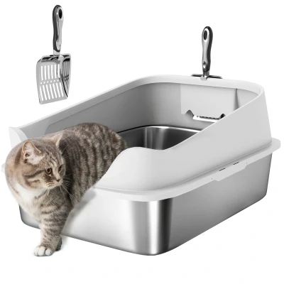 Image of PawHut XL Cat Litter Tray Stainless Steel, Box High Sided with Metal Scoop, Never Absorbs Odors, Anti Leakage &amp; Easy to Clean, 60 x 40 30 cm, Grey