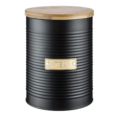 Image of Typhoon Retro Sleek Design Embossed Stripe Stainless Steel Tea Coffee Sugar Cookie Bread Bin Storage Jar Canister Wooden Bamboo Lid Otto Black (Tea)