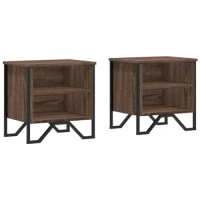 Image of vidaXL Bedside Cabinet Nightstand Set of 2 Brown Oak, Engineered Wood, Metal Frame, 40x30x40 cm, 70 kg Load Capacity