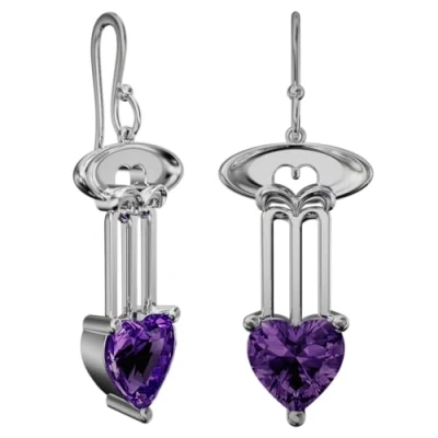 Image of CHARLES RENNIE MACKINTOSH Silver Earrings Dunure. Heart Cut Amethysts. Jewellery gift box included. 863