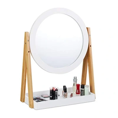 Image of Relaxdays Cosmetic Makeup Mirror, Bamboo Vanity Mirror with Storage Tray