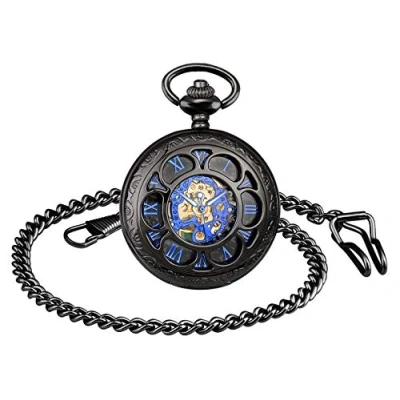 Image of MICGIGI Men/Women Mechanical Hand Wind Pocket Watch Retro Windmill Fob Watches with Chain(Black)
