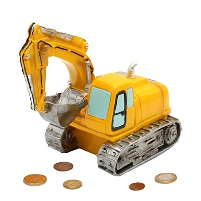 Image of Dekohelden24 Piggy Bank as Digger Made of Poly Money Box in Yellow with Plastic Closure, Size L/W/H: Approx. 17 x 11 16 cm, Resin, cm