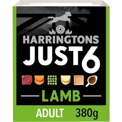 Image of Harringtons Just 6 Complete Grain Free Hypoallergenic Lamb &amp; Veg Wet Adult Dog Food 380g (Pack of 8) In A Tasty Gravy