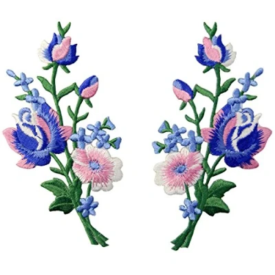 Image of Flowers Bouquet Boho Patch Embroidered Floral Applique Iron On Sew Rose Emblem, Set of 2 Pcs, Pink Blue