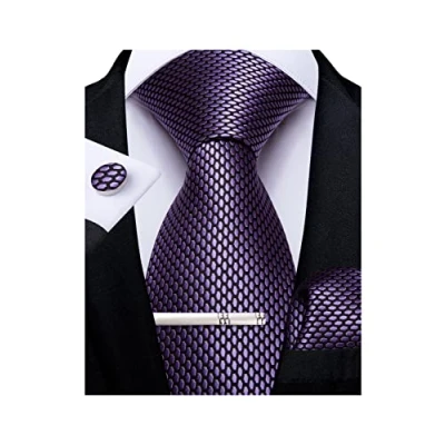 Image of Purple Silk Ties for Men Solid Necktie Pocket Square Cufflinks Tie Clip Set(Size: One Size)