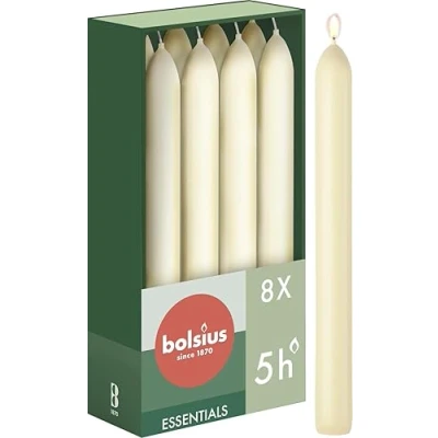 Image of Bolsius Tapered Dinner Candles Ivory 8 Pack 17 cm Long Burning Time of 5 Hours Unscented Includes Natural Vegan Wax Without Palm Oil