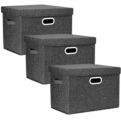 Image of TYEERS Large Storage Box with Lid, Collapsible, Washable, Fabric for Clothes, Wardrobe Storage, 44x30x29 cm, Set of 3, Black