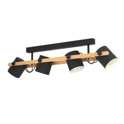 Image of Eglo Ceiling Light Hornwood, 4 Vintage and Industrial Style Lighting Made of Black Metal Natural Wood, Living Room Bedroom spotlights, E27 Socket