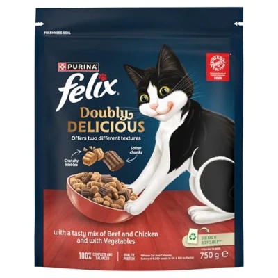 Image of FELIX Doubly Delicious Beef Chicken &amp; Vegetables Dry Cat Food 4x750g