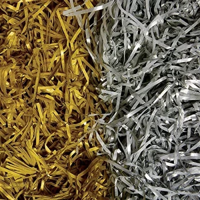 Image of Baker Ross FX337 Gold and Silver Shredded Tissue Paper Pack of 80g, Kids Crafts Paper, Ideal for Wrapping, Packing, Decorations, Metallic Arts Supplies