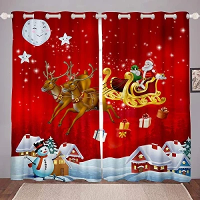 Image of Christmas Curtains for Bedroom Living Room Santa Claus Deer Snowman Printed Kids Boys Girls Xmas Windows Drapes Festival Decor Decoration,W66*L90