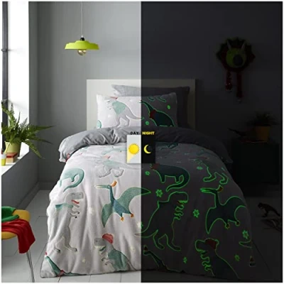 Image of GC GAVENO CAVAILIA Dinosaur Duvet Cover Double, Glow In Dark Teddy Fleece Bedding Set, Warm &amp; Fluffy Quilt Bed Covers, Grey