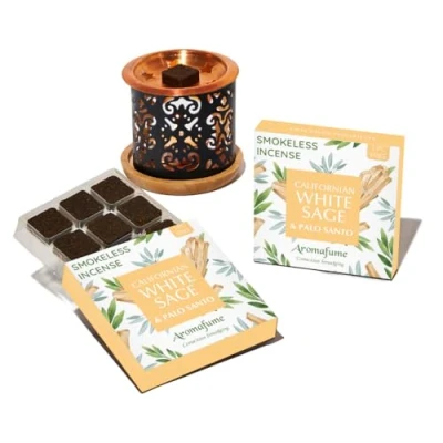 Image of White Sage &amp; Palo Santo Incense Bricks with Taj Exotic Burner by Aromafume 2x9 for Cleansing Negative Energy Protection Smokeless Smudging, Spiritual