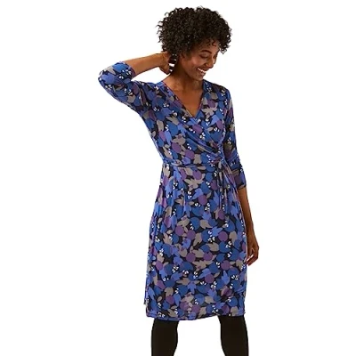 Image of White Stuff &#039;Anet&#039; Blue Purple Grey Jersey Wrap Over Bodice Tea Dress Casual Transitional (10)