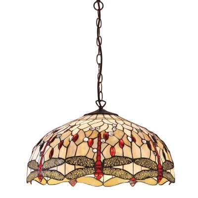 Image of Dragonfly Tiffany 3 Light Large Ceiling Pendant Bronze, Beige