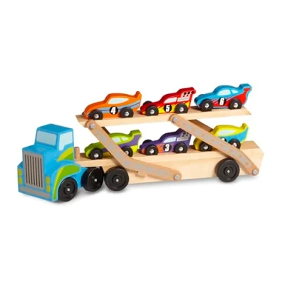 Image of Melissa &amp; Doug Mega Race Car Carrier Wooden Vehicles Trains Trucks 7+ Gift for Boy or Girl