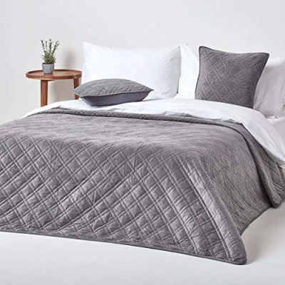 Image of HOMESCAPES Dark Grey Velvet Bedspread Quilted Geometric Throw for Double Bed 200 x cm
