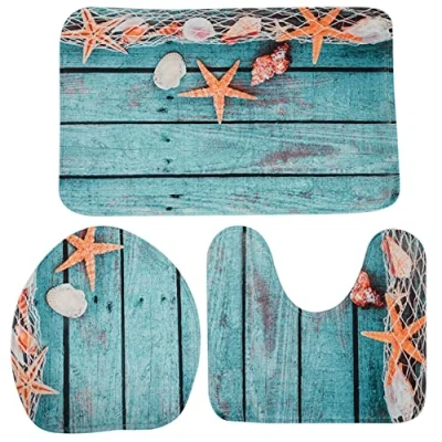 Image of Olivine Beach Seashells Sand Bath Mat Holidays Bathroom Carpet Rug Non 3 Piece Set Floor