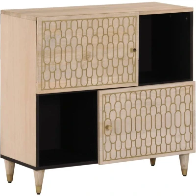 Image of vidaXL Solid Wood Mango Side Cabinet 80x33x75 cm Brown Retro Cupboard with Iron Legs and Hand Carved Detail for Living Room, Bedroom