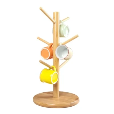 Image of ADERTOS 6 Cup Mug Tree Wooden Stand Wood Rack Bamboo Holder Coffee Storage Organizer Kitchen with Anti Slip Weighted Base for Tea Mugs Cups