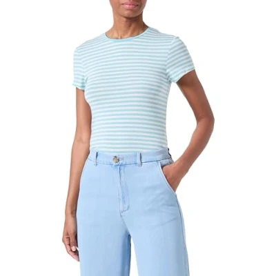 Image of VERO MODA Women&#039;s Vmines Fiona Ss O Neck Top VMA Noos T Shirt, Porcelain Blue/Stripes: Snow White, M