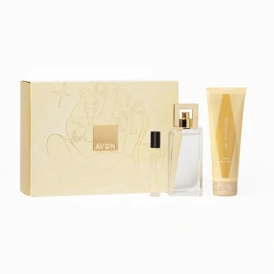 Image of Avon Attraction for Her Three Piece Gift Set with Eau de Parfum 50ml Body Lotion 125ml and Purse Spray 10ml in a Box, Fruity Musk Scent Notes, Long Lasting Formula, Cruelty Free
