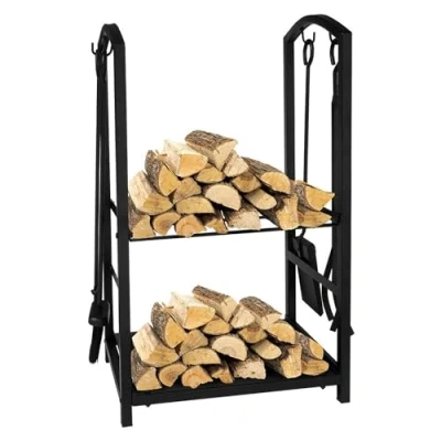 Image of simpa Steel Utility 2in1 Fireside Companion Set &amp; Log Holder 74cm (H) x 33cm (W) 37cm (L)