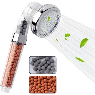 Image of VEHHE Shower Head Powerful Flow with Beads Filter Pressure Boosting Spray 3 Modes Water Saving Bathing for Adults Children Pets Home and Gym Use (White)