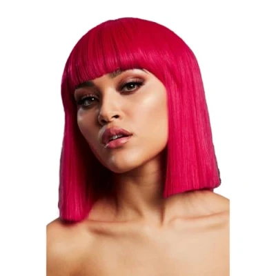 Image of Smiffys Fever Lola Wig, Magenta Pink Blunt Cut Bob with Fringe, 30cm/ 12in, Wigs Fancy Dress, Adult Dress Up