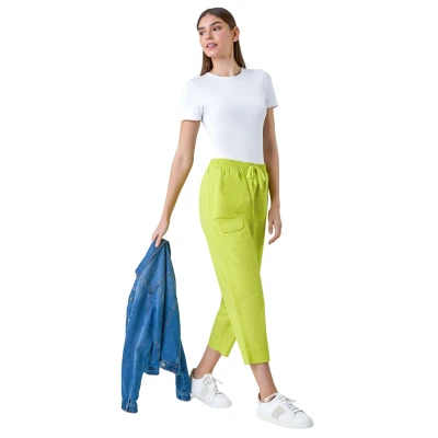 Image of Roman Cotton Cropped Cargo Trousers for Women UK Ladies Spring Everyday Summer Holiday Elasticated Waistband Comfy Side Pockets Soft Woven Fabric Pants Daywear Bottoms Lime Size 10