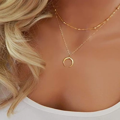 Image of Sttiafay Bohemian Layered Horns Pendant Necklace Pearl Beads Choker Collar Chain Long Tassel Jewelry for Women and Girls