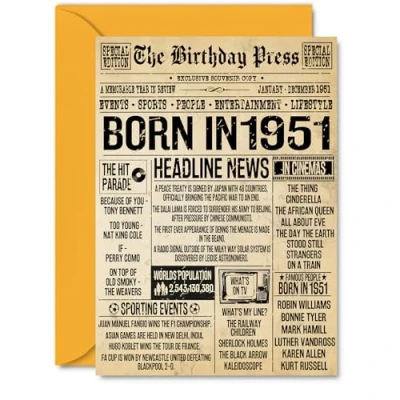 Image of 74th Birthday Card for Women Men Bday Press Newspaper 1951 Happy 74 Cards Brother Wife Dad Nanny Nan Sister, A5 Greeting